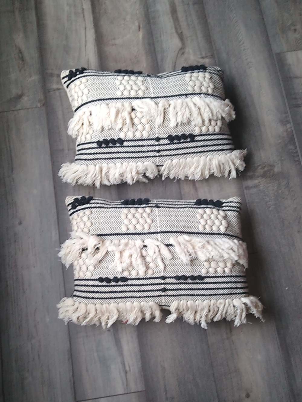 Neutral Cream and Black Fringe Throw Pillow Set - Boho Chic Accent